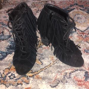 Black fringe booties
